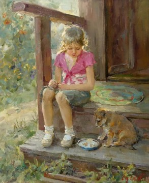 Beautiful Girl puppy VG 13 pet kids Oil Paintings
